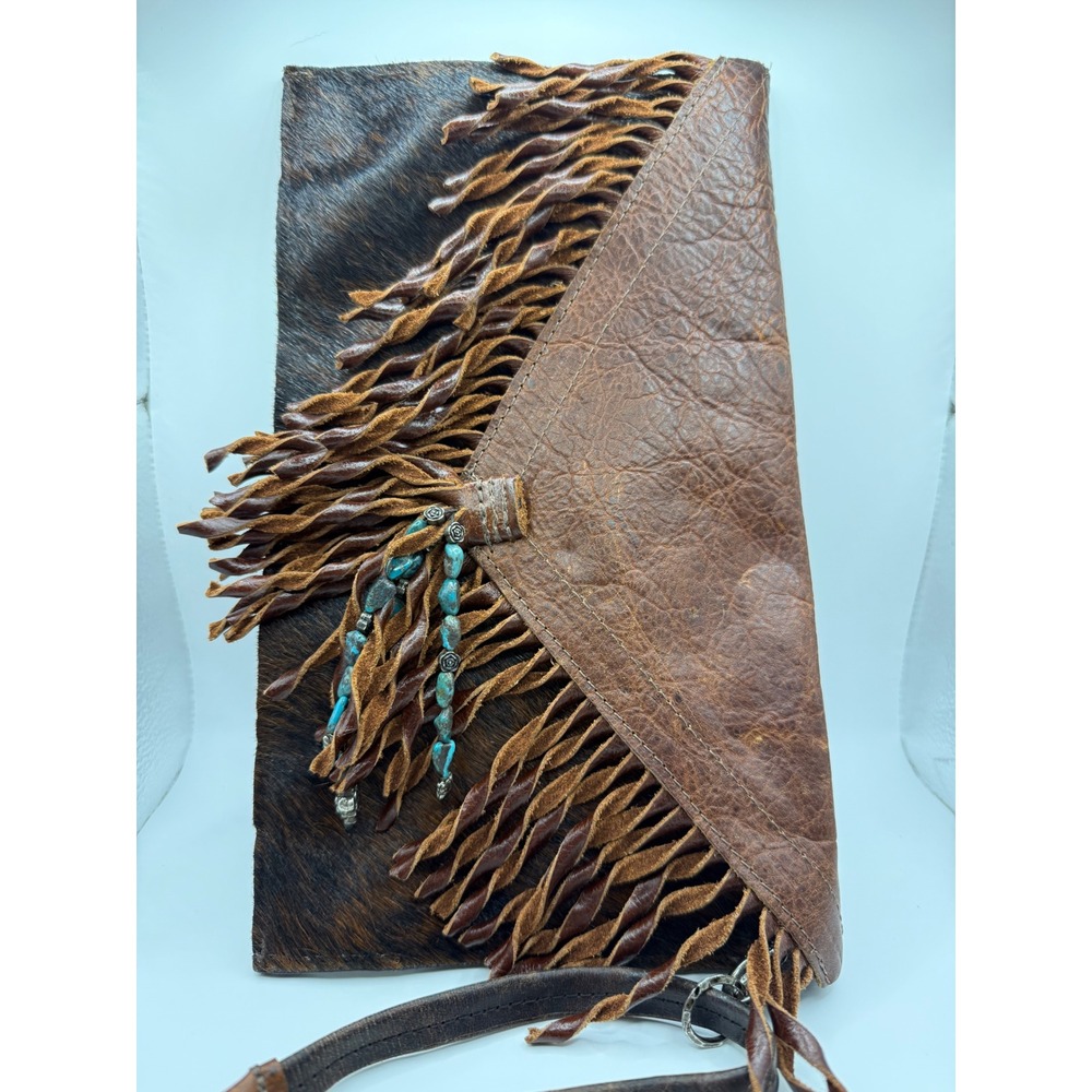 Vintage Western Cowhide Leather Fringe Clutch Turquoise Bead Brown Wristlet